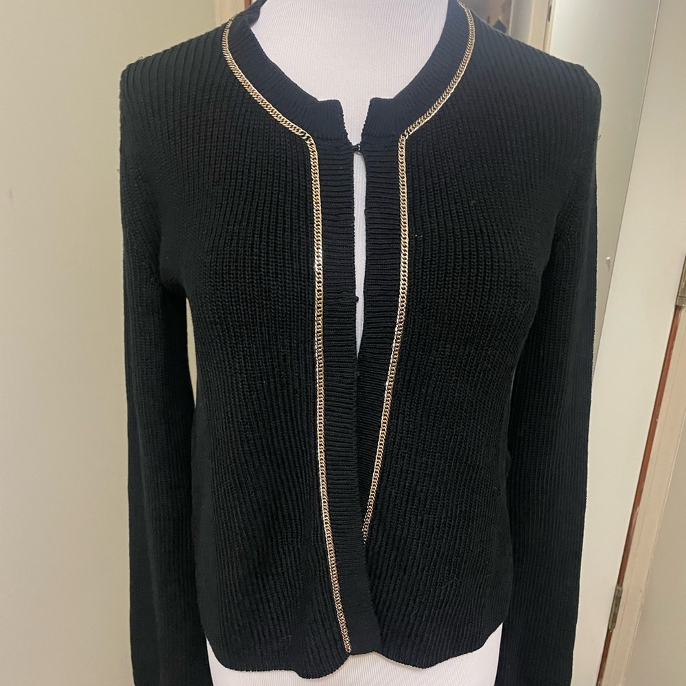 Maje Black Knit Cardigan with Gold chain Accents